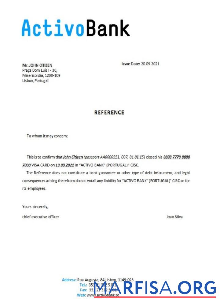 Downloadable Portugal Activobank closure reference sample